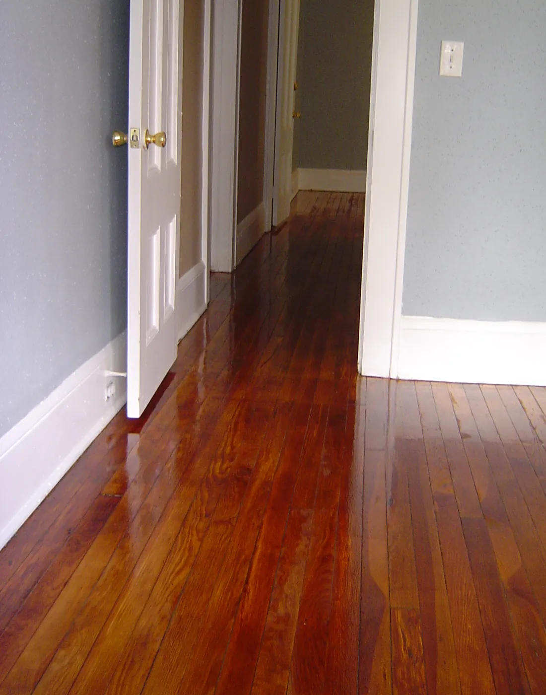 Hallway with refinished hardwood flooring and freshly painted white doors and trim