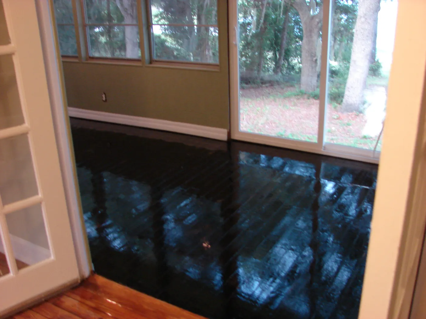 Dark-stained refinished wood floor gleaming beneath a wall of windows and a wood French door