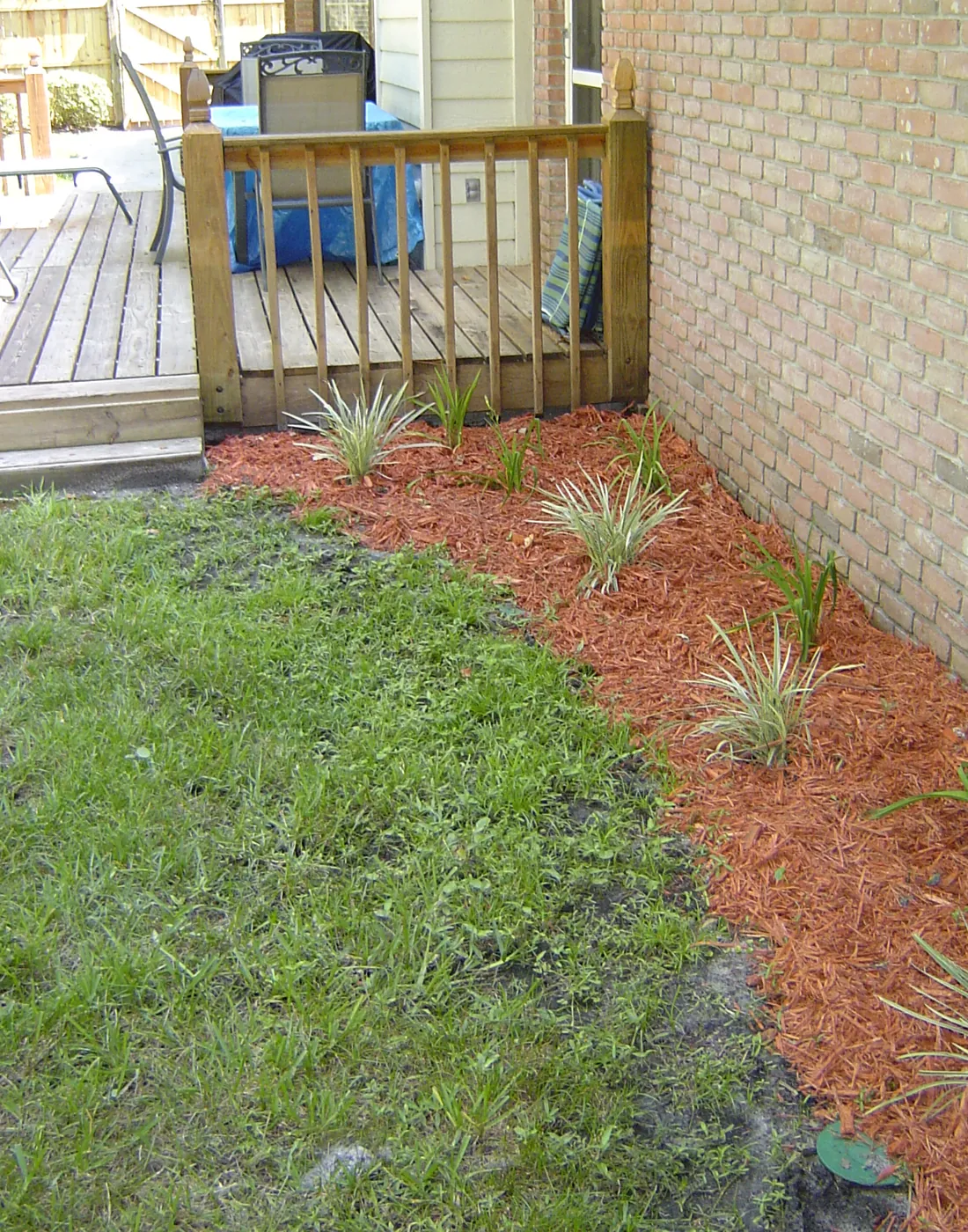Brick home corner with fresh red mulch bed, new ornamental grass plantings and sodded lawn