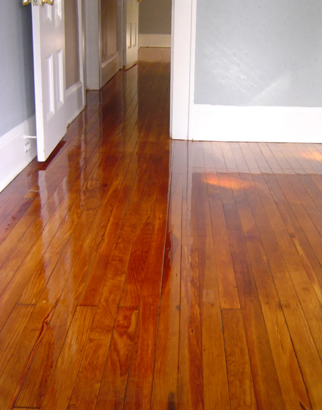 Painted interior hallway with white trim opening to a room with refinished wood floors