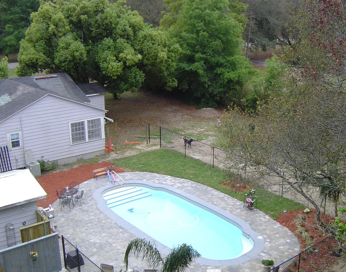 Oval backyard pool ringed by a gray unit paver pool deck